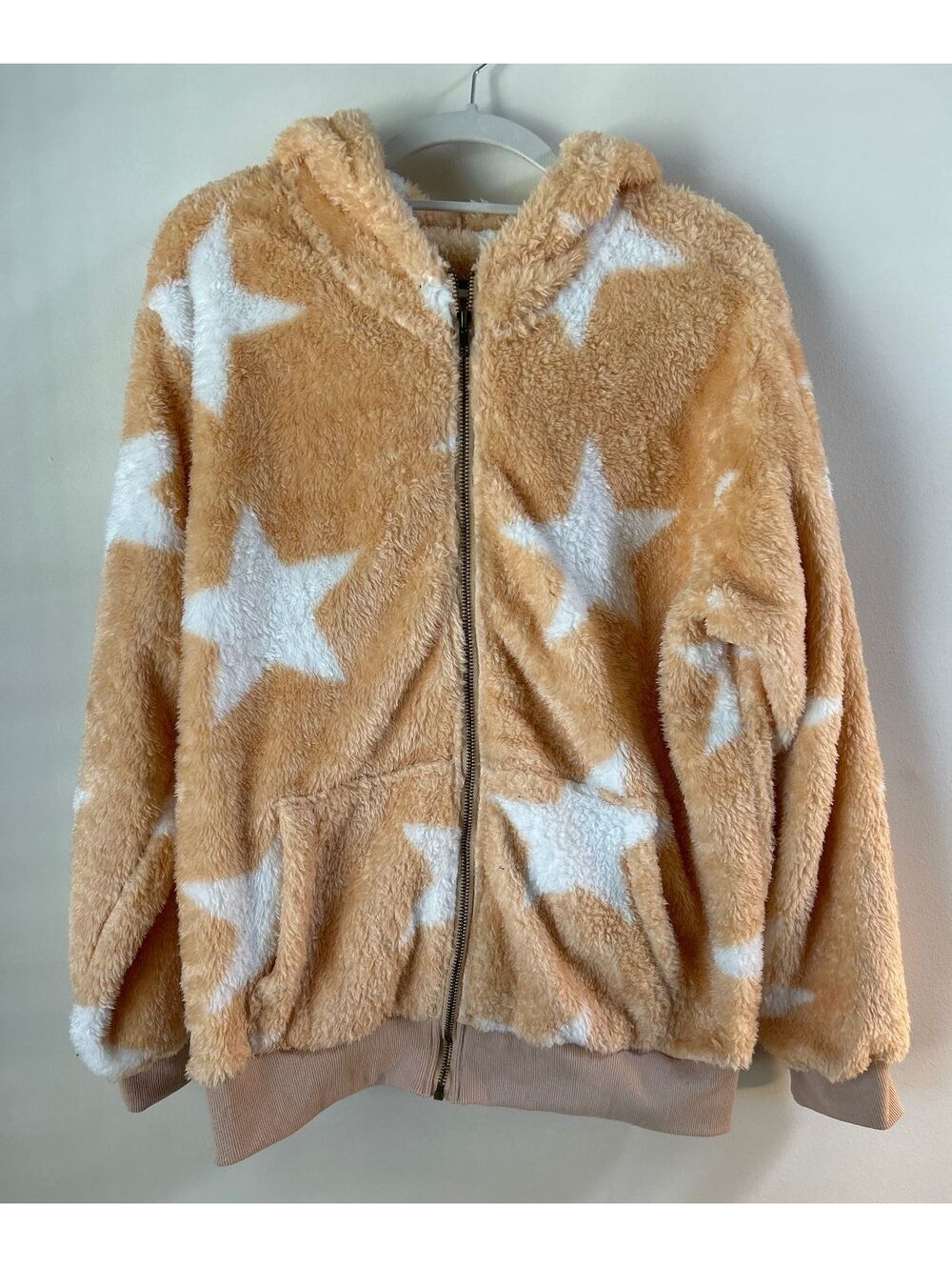 Cozy Hooded Zip-Up Star Print Fuzzy Jacket